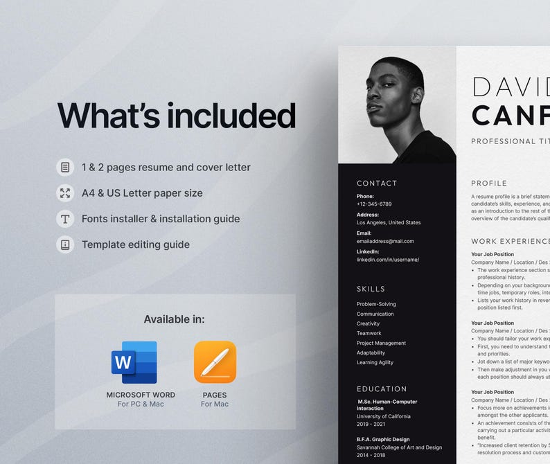 May include: A black and white resume template featuring a professional headshot of a man. The template includes sections for contact information, skills, education, work experience, and a profile. The text "DAVID CANF" is at the top of the page.
