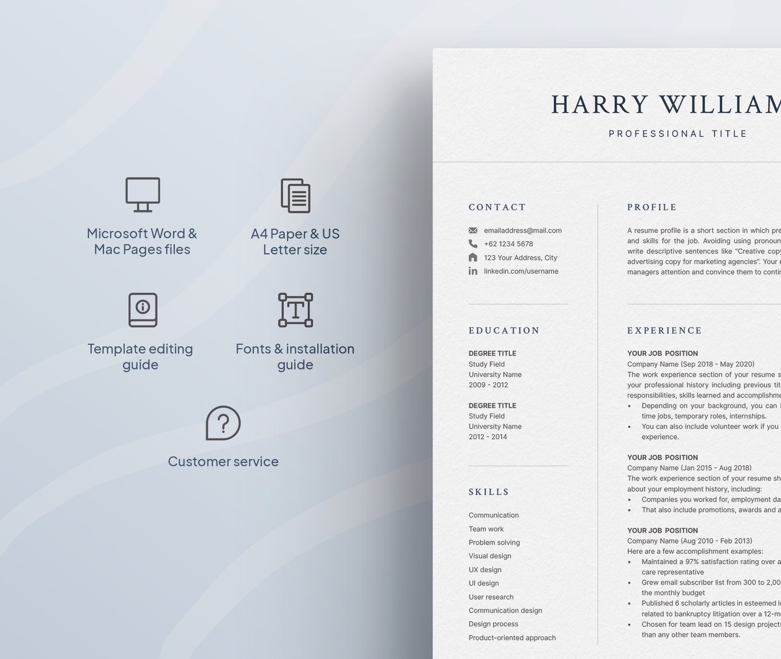 Professional Resume Template for Microsoft Word & Mac Pages - Etsy
