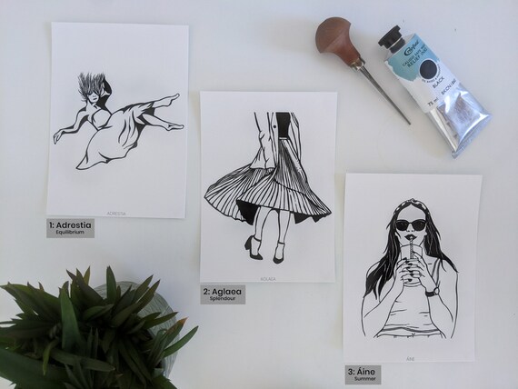 Goddess art postcards - Set of three linocut prints