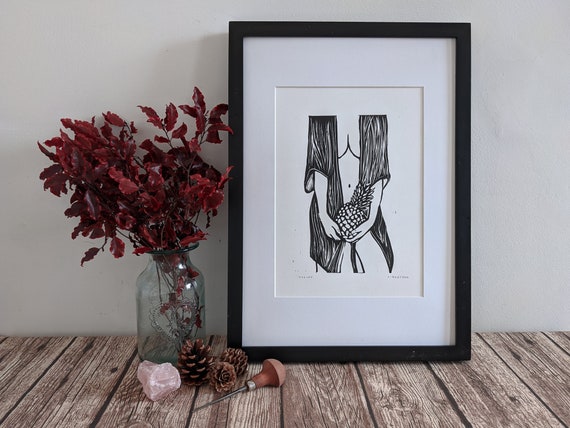 Linocut art print - Hedone / Voluptas, Greek/Roman goddess of pleasure and desire - Mythology & folklore linoprint