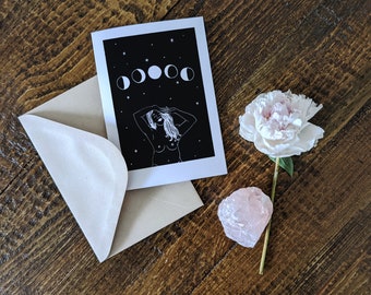Selene, Greek goddess of the moon - Celestial linocut art greetings card