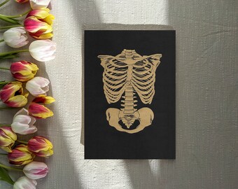 Linocut art print - 'La mort' skeleton ribcage (gold version)