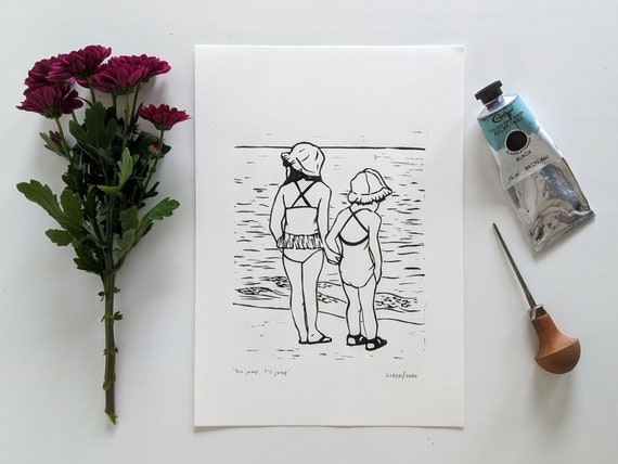 Linocut art print - You jump, I'll jump - Original linoprint