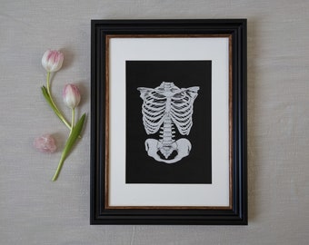 Linocut art print - 'La mort' skeleton ribcage (white version)