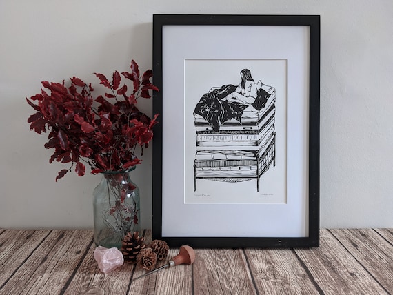 Linocut art print - The Princess & The Pea - Fairytale / folklore linoprint