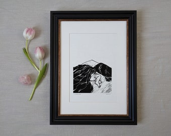 Linocut art print - In Between Dreams