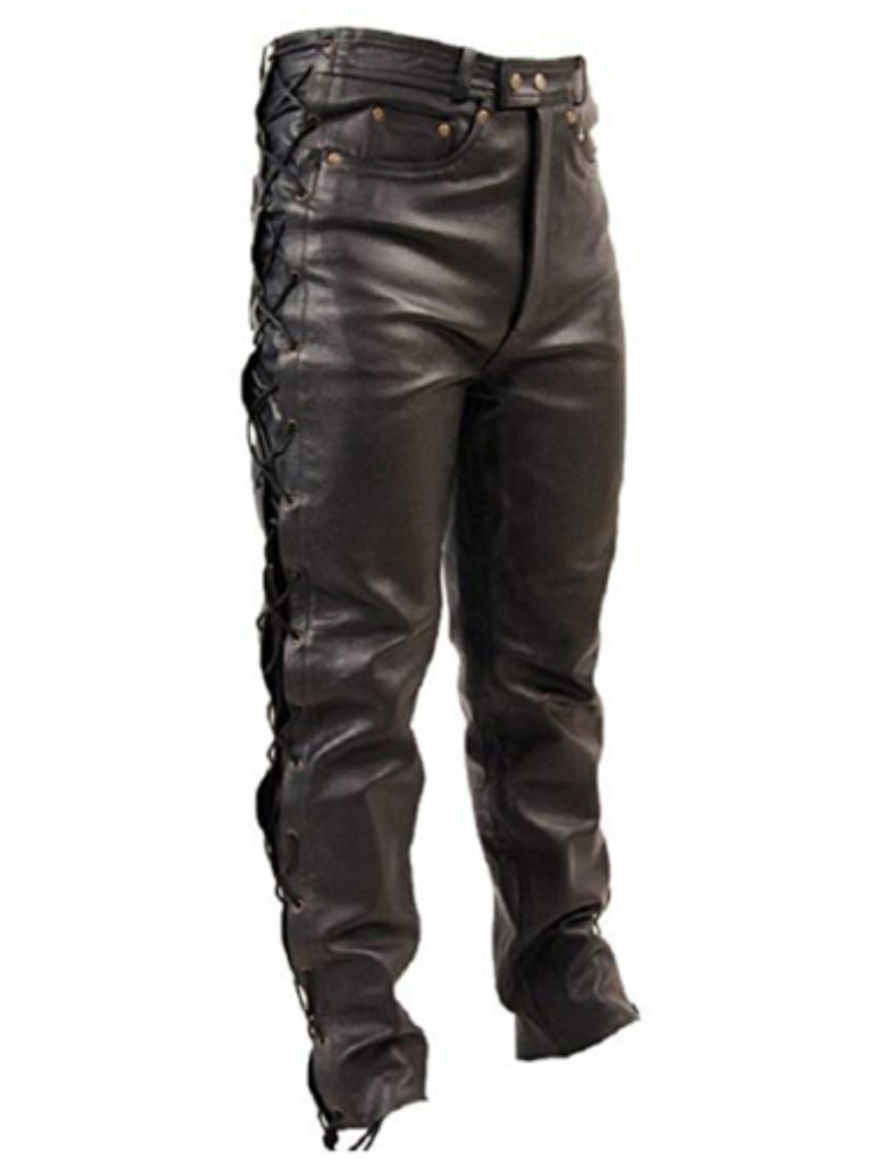 501 Men/'s Real Leather Casual Motorcycle Biker side laces Jeans black Trousers