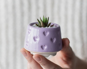 Lilac mini succulent planter with hearts, Violet little pot, Cute succulent pot, Mothers Day plant gift