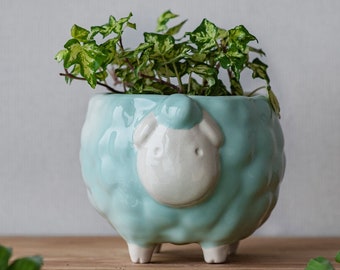 Medium succulent planter, Ceramic indoor planter, Green mint minimalistic plant pot, Sheep pot