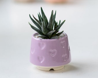 Lilac small ceramic succulent pot with hearts - Succulent Valentines present - Mini plant pot - Ceramic ceramic heart plant pot