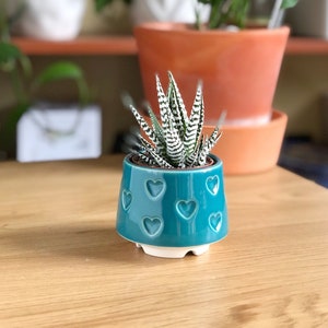 Teal small succulent pot with hearts, Succulent Valentines gift, Mini planter, Ceramic plant pot, Turquoise heart print pot image 2