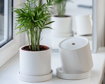 White medium ceramic plant pot - 4 inch cylinder minimalistic planter
