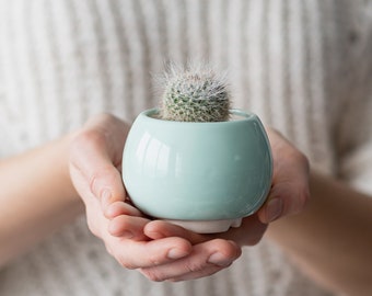Mintfarbener Sukkulententopf aus Keramik, runder Keramiktopf für Kaktus oder Sukkulenten