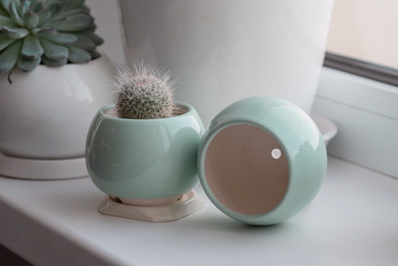 Mint ceramic succulent pot, Round ceramic planter for cactus or succulent image 3