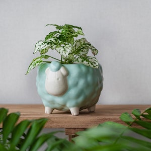 Sheep ceramic plant pot, Green animal planter, Small plant pot, Cute planter, 3 inch pot