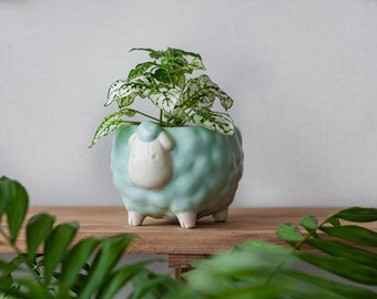 Sheep ceramic plant pot, Green animal planter, Small plant pot, Cute planter, 3 inch pot