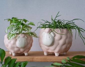 Pink ceramic cactus set, Two sheep smaller and bigger, Ceramic cactus set of 2 items