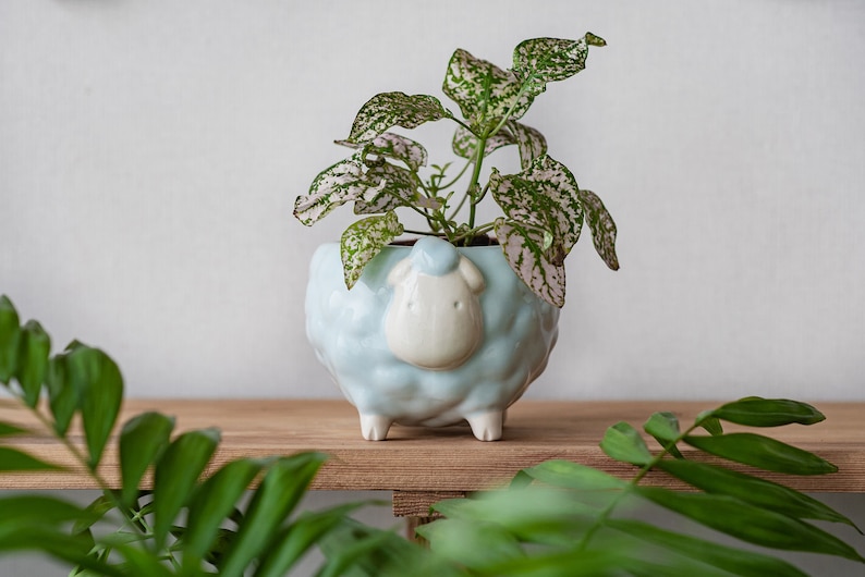 Sheep flower pot, Blue planter, Cute animal planter, Plant lover gift image 2