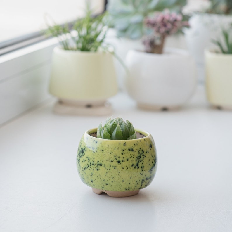 Little round plant pot Succulent planter Red pot Ceramic cactus planter Lime and Green