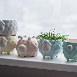 Sheep flower pot, Blue planter, Cute animal planter, Plant lover gift image 7