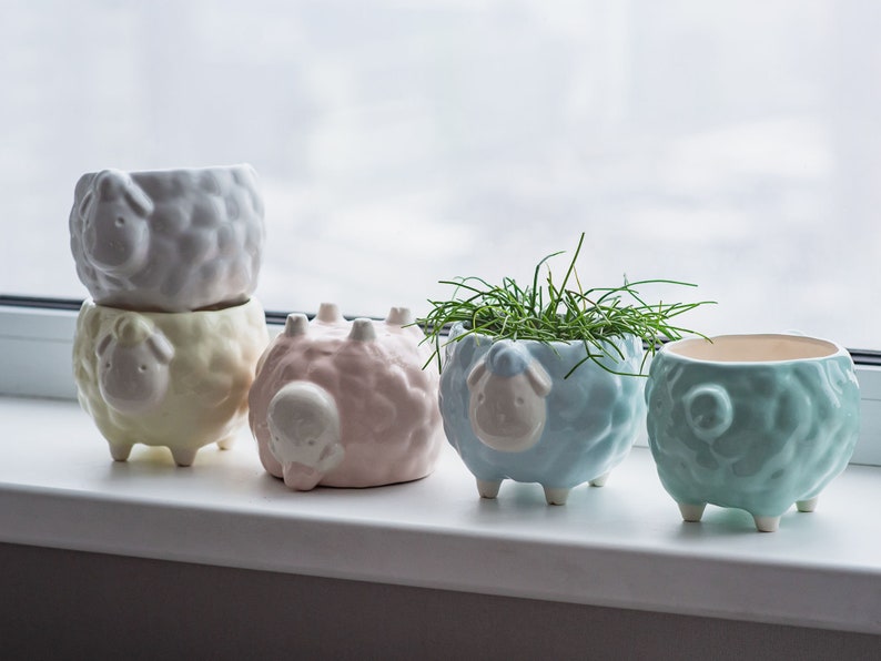 Sheep flower pot, Blue planter, Cute animal planter, Plant lover gift image 7