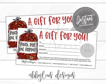 May include: A printable gift certificate template featuring a red bag of crawfish with the text "Pinch, Peel, Eat, Repeat!" and the words "A Gift for You!" in red text. The template includes fields for "To", "From", "Amount", and "Issue Date".