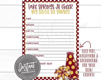 May include: Printable survey for a big sister/little sister cheer squad reveal. The survey has a red and white polka dot background with a gold megaphone and gift boxes. The text reads "Lake Springs JV Cheer Big Sis/Lil Sis Survey".