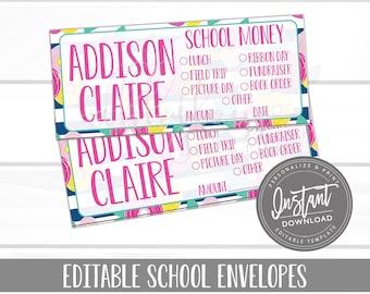 EDITABLE School Envelopes, Lunch Money, Floral School Envelopes, Fundraiser Money, Editable Envelopes, Editable File, Digital Template