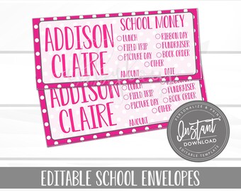 EDITABLE School Envelopes, Lunch Money, School Envelopes, Fundraiser Money, Editable Envelopes, Editable File, Digital Template