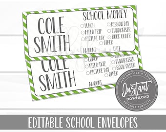 EDITABLE School Envelopes, Lunch Money,  School Envelopes, Fundraiser Money, Editable Envelopes, Editable File, Digital Template
