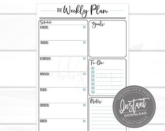 Editierbarer Wochenplan, Druckbare Woche für Woche, Planer, Editierbares Wochenplanerblatt, Woche auf einen Blick, editierbare Datei, digitale Vorlage,