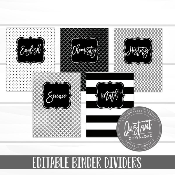 EDITABLE Binder Dividers, Black & White Dividers, Back to School, School Binder, ANY NAME, Any Subject, Editable File, Digital Template,
