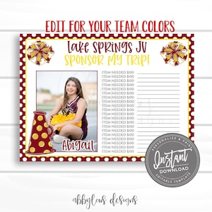 EDITABLE Cheerleading Sponsor My Trip Printable, Cheer Fundraiser, Fundraiser, Editable Fundraiser, Editable File, Digital Template,