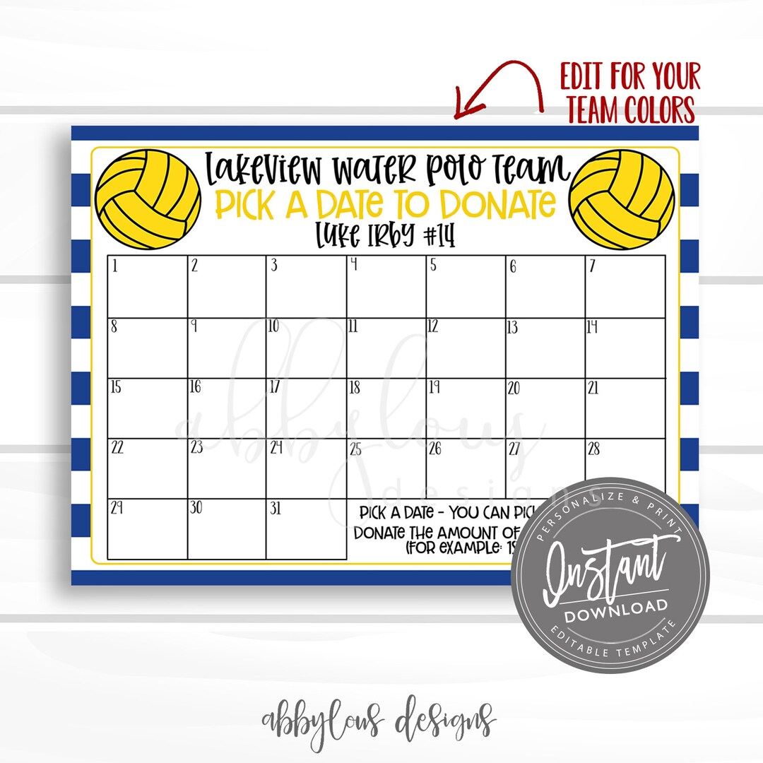 EDITABLE Water Polo Pick a Date to Donate Printable, Water Polo