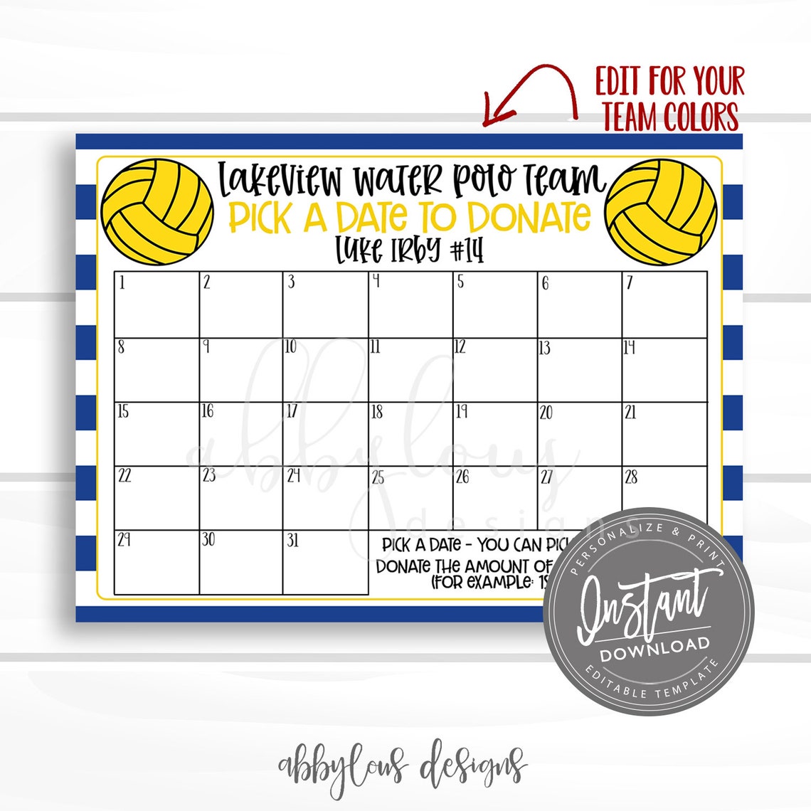 EDITABLE Water Polo Pick a Date to Donate Printable Water Etsy