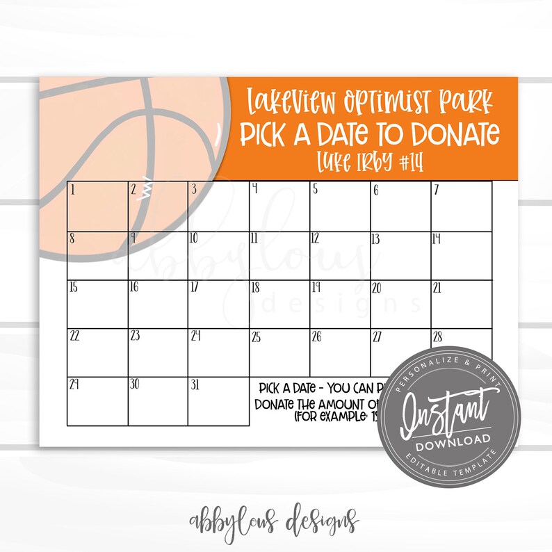 EDITABLE Basketball Fundraiser Calendar Pick A Date To Donate Etsy