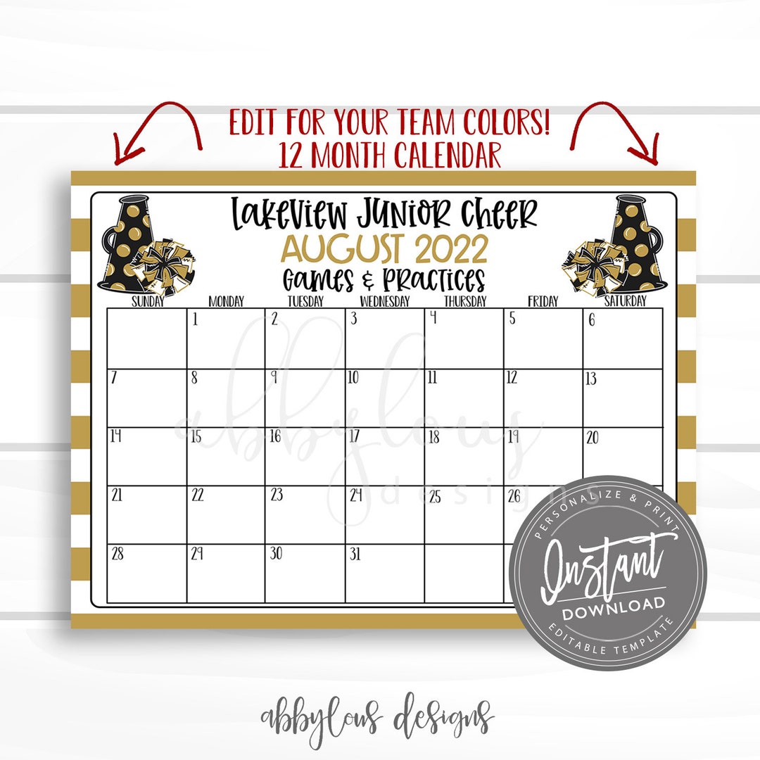 EDITABLE Cheer Practice & Games Schedule, Cheerleader Calendar, 12