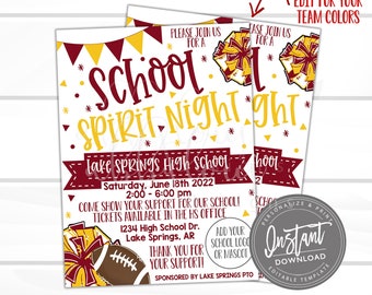 May include: An invitation to a school spirit night at Lake Springs High School. The invitation is decorated with red, yellow, and white colors and features a football and cheerleading pom-poms. The event is scheduled for Saturday, June 18th, 2022, from 2:00 to 6:00 pm. Tickets are available in the high school office.