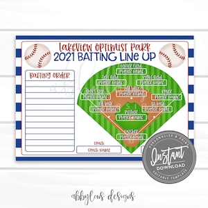 May include: Printable baseball batting lineup template with a baseball field graphic. The template includes spaces for player names, coach name, and batting order. The text "Lakeview Optimist Park 2021 Batting Line Up" is at the top of the template.