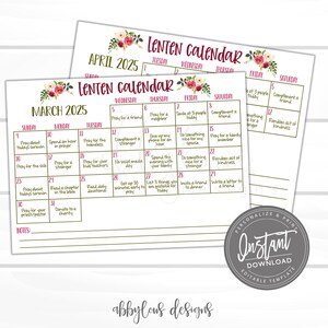 Peut inclure: Calendrier de Carême imprimable pour mars et avril 2025, avec des invites quotidiennes à la réflexion et aux actes de gentillesse. Le calendrier a un design floral et les mots "Téléchargement instantané" et "Modèle modifiable".