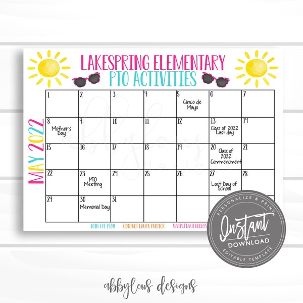 EDITABLE PTO Calendar, Printable May Calendar, Planner, Editable  Planner Sheet, Month at a Glance, Editable File, Digital Template,