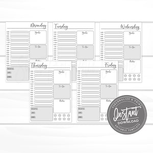 Plan semanal EDITABLE, Imprimible Día a Día, Planificador, Hoja de Planificador Diario Editable, De lunes a viernes, Conjunto de 5 Archivos Editables, Plantilla Digital,