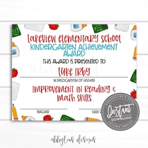 EDITABLE Kindergarten Certificate Printable, Kindergarten Award, Preschool Award, Preschool Certificate, Editable File, Digital Template,