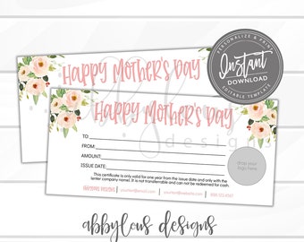 Printable Mother's Day Gift Certificate Template, Editable Mother's Day ...