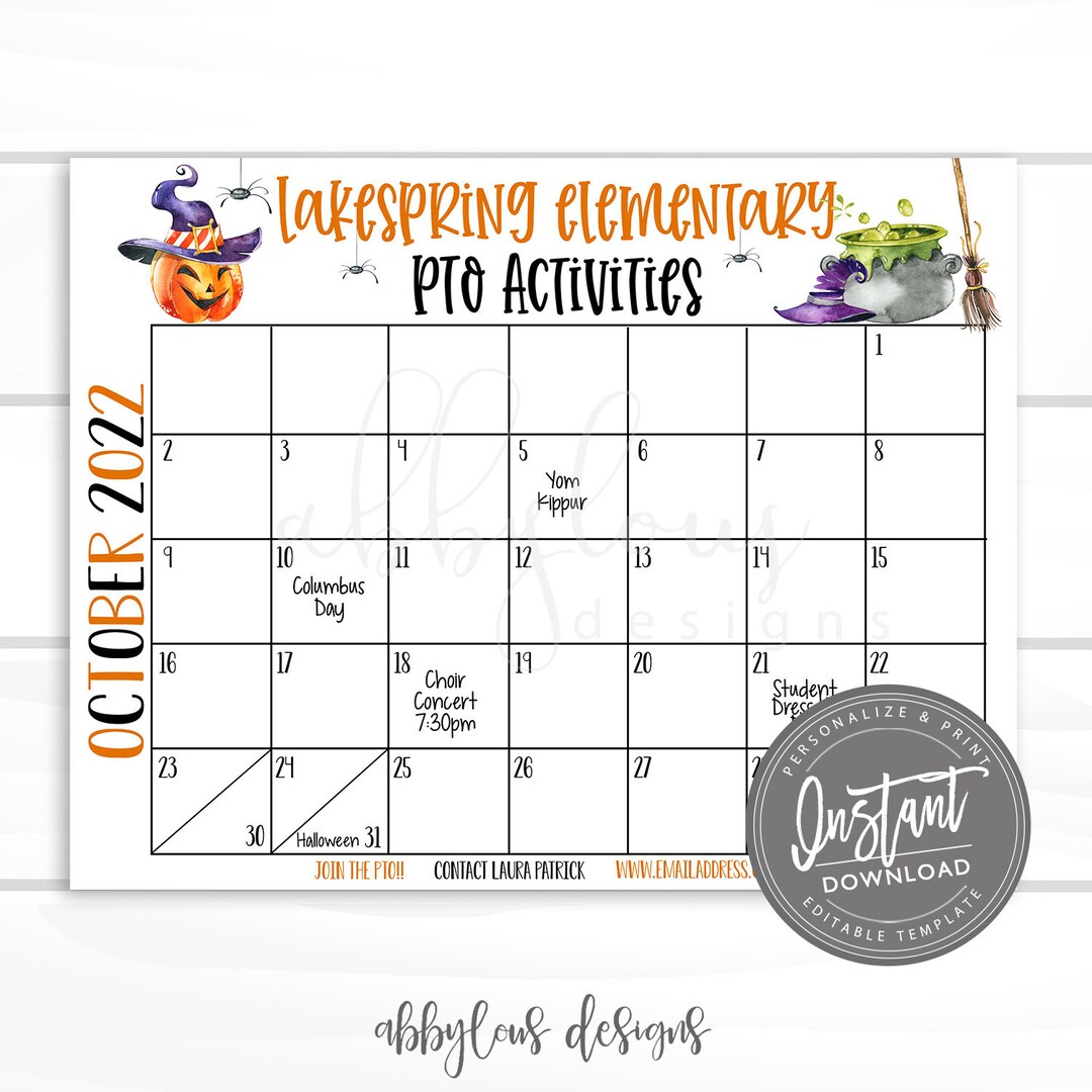 EDITABLE PTO Calendar, Printable October Calendar, Planner, Editable ...