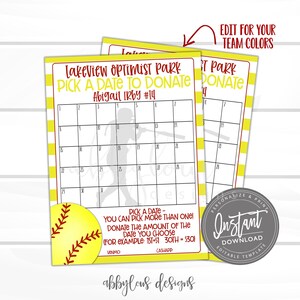 EDITABLE Softball Pick a Date to Donate Printable, Softball Fundraiser, Fundraiser, Editable Calendar, Editable File, Digital Template,
