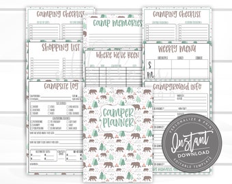 EDITIERBARER Camper Planner druckbar, RV Planer, Camping Checklisten, Vollzeit/Saison Camping, bearbeitbare Datei, digitale Vorlage, Letter Größe