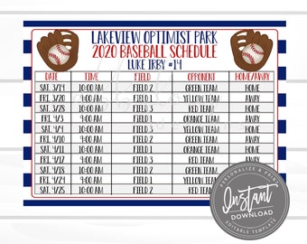 EDITABLE Baseball Game Schedule Printable, Practice Schedule, Summer Ball Schedule, Editable Schedule, Editable File, Digital Template,