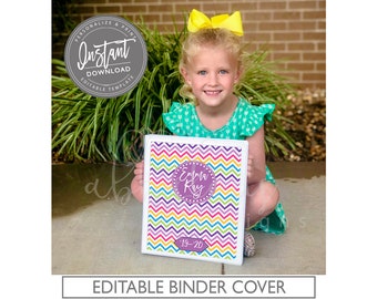May include: Editable binder cover with a colorful chevron pattern in shades of yellow, orange, red, pink, purple, and blue. The cover has a purple circle with the text "Emma Ray" and the school year "19-20".
