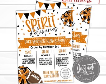 May include: Two flyers with orange and black accents, promoting "Spirit Deliveries" for Lake Springs High School. The flyers include package details, a football graphic, and the text "Instant Download, Editable Template."